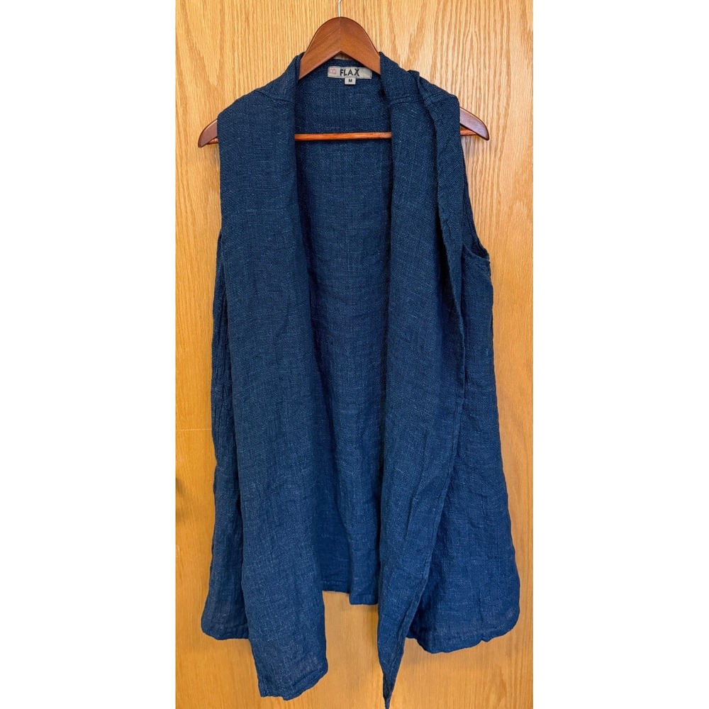 FLAX Navy Blue 100% Linen Open Front Longline Vest Draped Lagenlook Medium